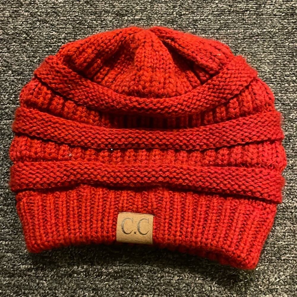 C. C. Beanie Women's One Size Cranberry Red Knit Cuff Acrylic Cap Hat Beanie